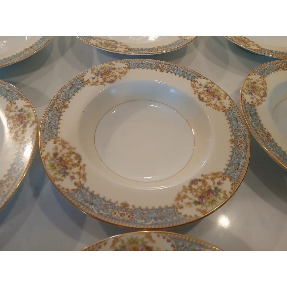 7pcs Rose China Occupied Japan Pink Rose Gold Trim Bowls Flowers Scroll Border